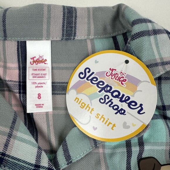 NWT Justice Blue Pink Plaid Button Front Pajama Night Shirt Dress L/S Flannel 8 - Picture 6 of 9